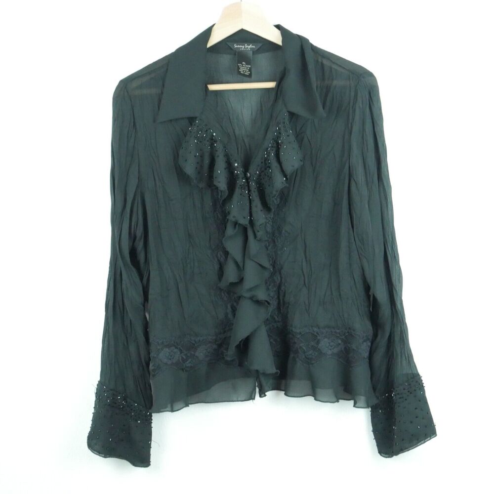 Vintage P Large Blouse Whimsigoth Fairy Grunge Ruffle Sheer Beaded Witchy Y2K